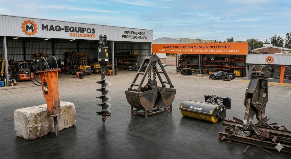 MAQ-EQUIPOS SOLUCIONES - Implementos profesionales: martillos, anoyadoras, baldes almeja, barredoras y cizallas